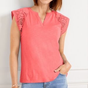 Talbots Plus Size 2X Coral Split Neck Cotton Modal Crochet Embroidered Sleeve